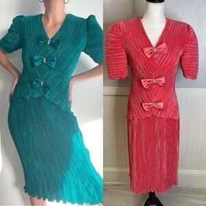 Karen Lawrence Vintage Skirt Set Womens Midi Embellished Bow Event Green 80's 16